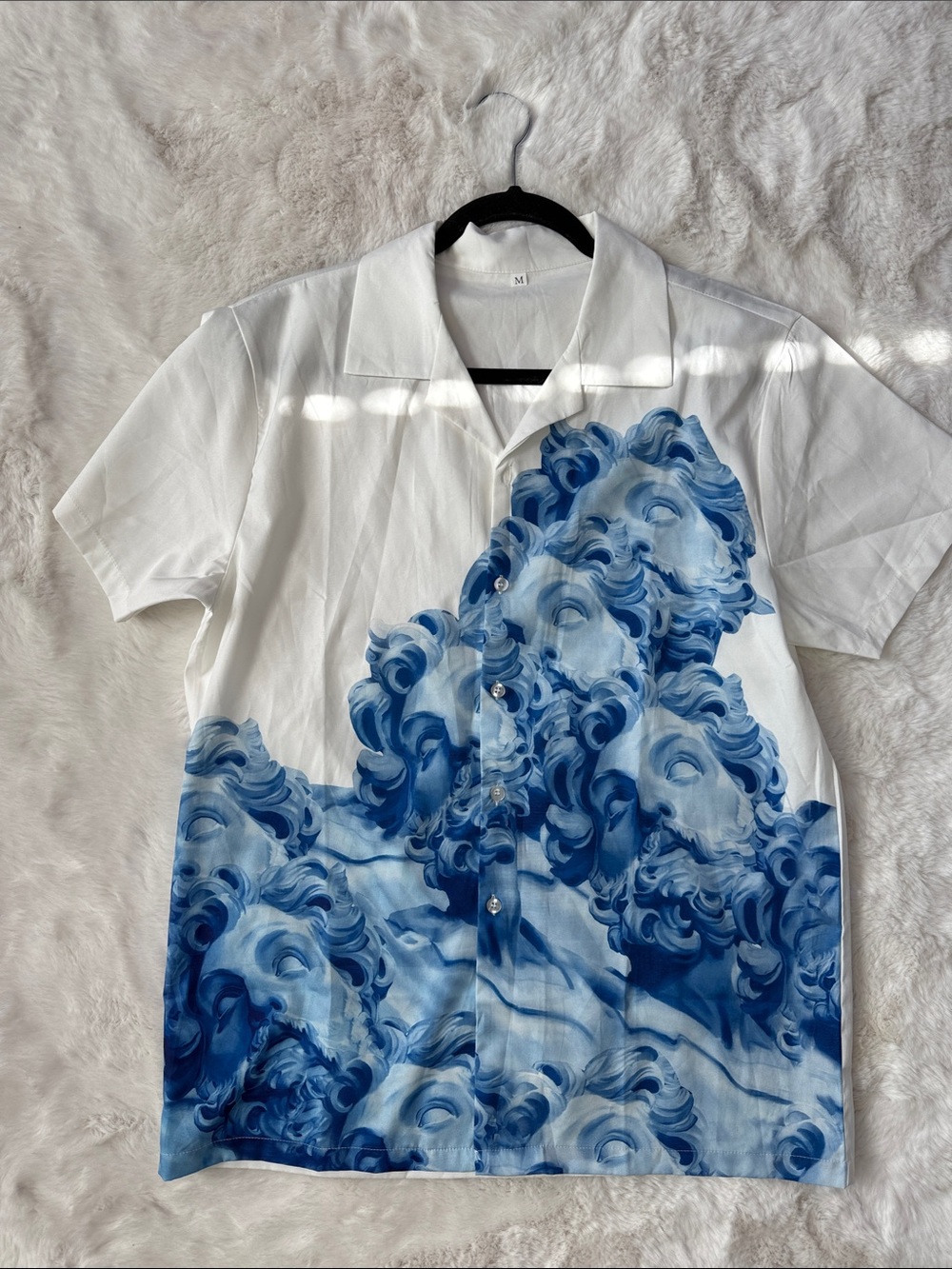 SHEIN White Short-Sleeve Button Shirt with Blue Sculptural Faces Print